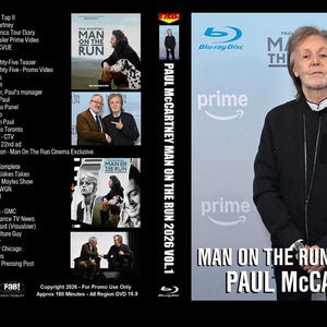 Pode incluir: Capa de DVD para "Man on the Run 2026 Vol. 1" com Paul McCartney. A capa inclui imagens de McCartney, logotipos Blu-ray Disc e Prime e uma lista de conteúdo. O fundo é azul claro.