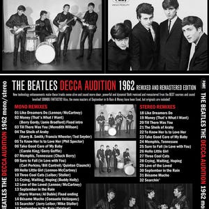 May include: Album cover for "The Beatles Decca Audition 1962," featuring black and white photos of the band. The cover includes the album title, track listings, and the Fab! Records logo. The CD is labeled "Promotional Use Only."