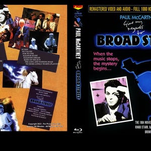 Könnte beinhalten: Ein blaues und schwarzes DVD-Gehäuse mit einem Foto von Paul McCartney auf der Vorderseite. Der Titel des Films ist "Broad Street" und der Text "Give my regards to Broad Street" ist in Weiß geschrieben. Die Rückseite des Gehäuses zeigt ein Foto von Paul McCartney und eine Liste der Schauspieler des Films.