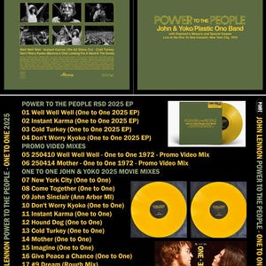 Puede incluir: Portada de álbum verde oliva para "Power to the People" de John & Yoko/Plastic Ono Band, con un disco de vinilo amarillo. El álbum presenta grabaciones en vivo del concierto One to One en Nueva York, 1972.