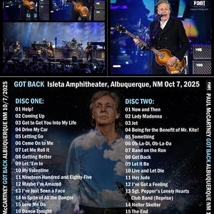 May include: A promotional CD featuring Paul McCartney's "Got Back" live performance in Albuquerque, NM, on October 7, 2025. The cover includes images of McCartney performing, the concert's setlist, and the album's title.