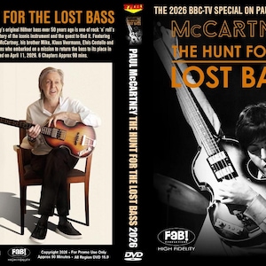 Op de afbeelding: DVD-hoes voor "The Hunt for the Lost Bass" met Paul McCartney. De hoes bevat tekst en afbeeldingen van McCartney met een basgitaar. De dvd is een BBC-tv-special over de verdwijning van McCartney's originele Höfner-bas.