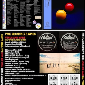 May include: A vinyl record album cover for the album "Venus and Mars" by Paul McCartney and Wings. The cover features a blue background with two red and yellow billiard balls. The album title is printed in white letters on the top of the cover. The album is a half-speed mastered edition.