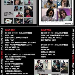 Könnte beinhalten: CD-Compilation "The Beatles Glyn Johns Get Back Multi-Tracks 1969 Vol. 1" mit Studioaufnahmen der Beatles. Das Cover zeigt Fotos der Band und Titellisten für den 21.-23. Januar 1969. Die CD ist eine Compact Disc.