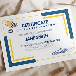 May include: A certificate of participation with a blue, yellow, and white design. The certificate includes the text "CERTIFICATE OF PARTICIPATION" and the name "JANE SMITH". A trophy and race car are also featured.