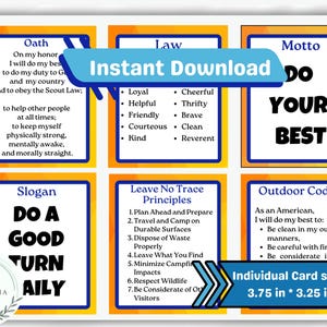 May include: A set of printable cards with an orange and blue border. The cards feature text about the Scout Law, Motto, Slogan, Leave No Trace Principles, and Outdoor Codes. The cards are 3.75 inches by 3.25 inches.