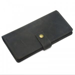 Cartera grande hecha a mano con botón, unisex, piel, marrón, negro