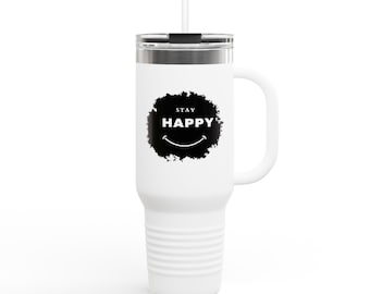 Stay Happy Smiley Ink Splotch 40oz Insulated Travel Mug | Stainless Lid Straw