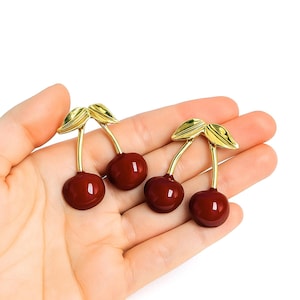 Dark Cherry Earrings, Red Fruit Drop Earrings, Gold Statement Jewelry, Quirky Bold Summer Jewelry, Cute Gift for Her