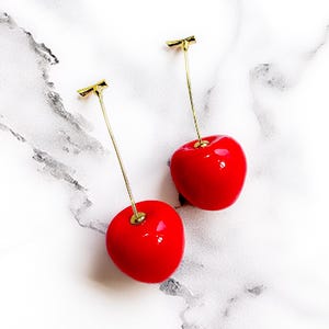 Cherry Earrings, Red Fruit Statement Dangle, Bold Unique Summer Earrings, Cute Trendy Gift for Her