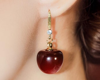 Cherry Gold Vintage Drop Earrings - Resin Fruit Dangle Gift