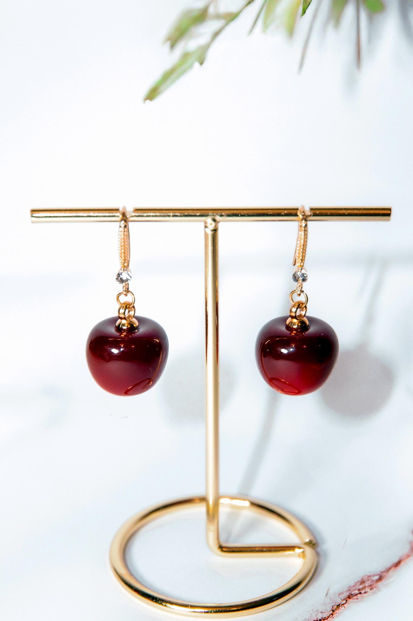 Cherry Gold Vintage Drop Earrings - Resin Fruit Dangle Gift