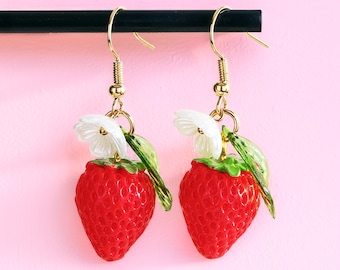 Strawberry Earrings · Berry Charm · Fruit Dangle · Cottagecore Jewelry