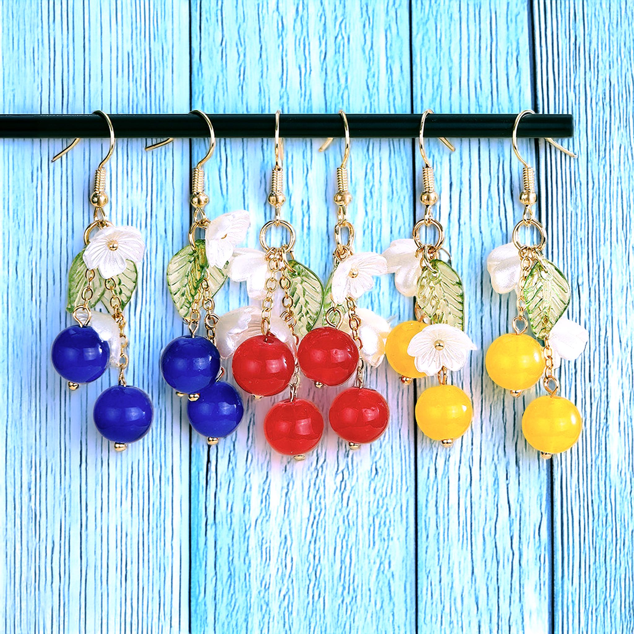 Cherry Earrings · Berry Dangle · Blue Red Yellow Floral · Statement Fruit Jewelry