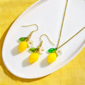 Lemon Necklace and Earrings Set – Summer Fruit Jewelry Gift, Meyer Lemon Pendant
