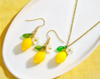 Lemon Jewelry Set · Earrings & Necklace · Meyer Lemon Pendant · Fruit Jewelry