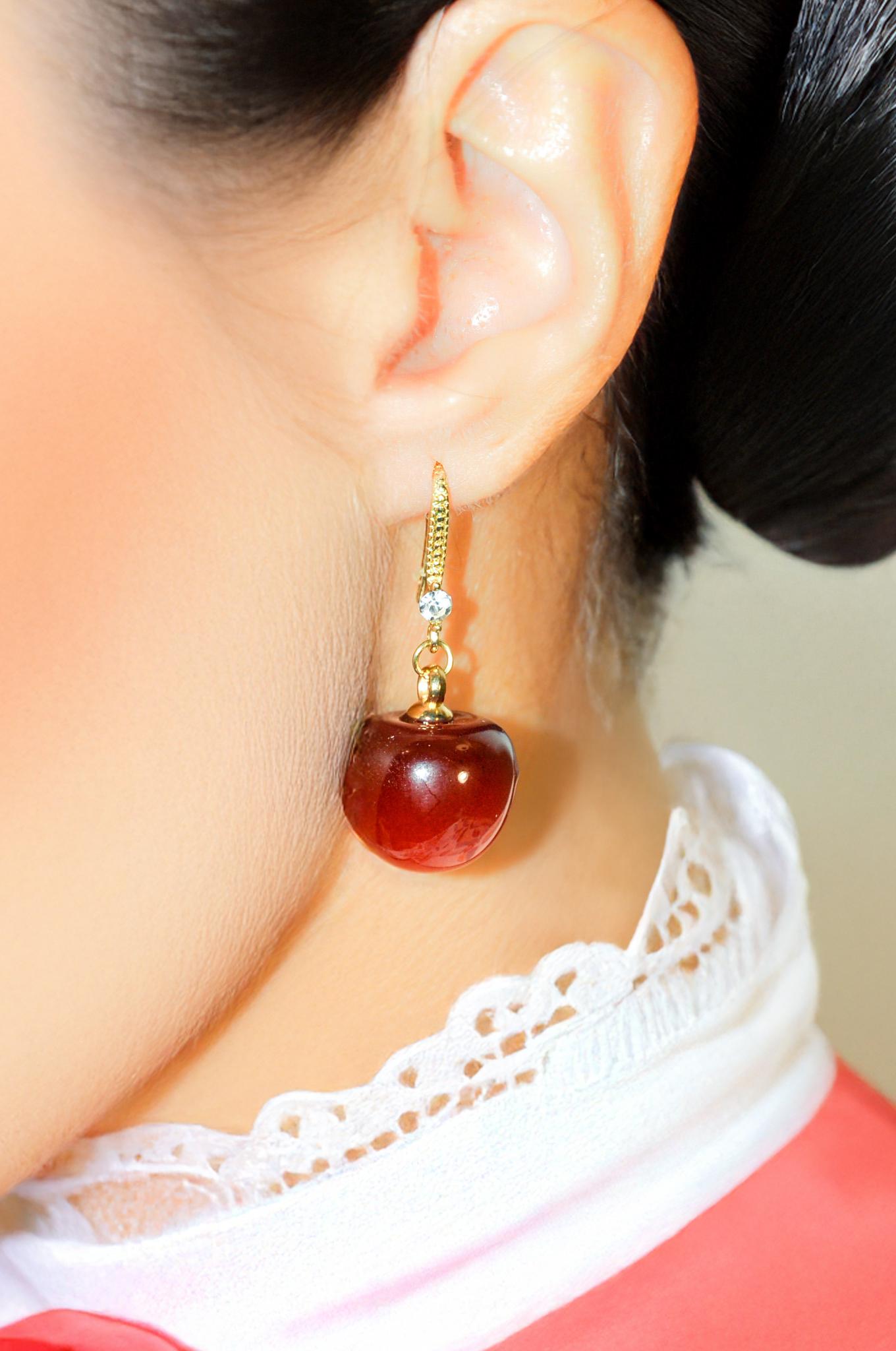 Cherry Gold Vintage Drop Earrings - Resin Fruit Dangle Gift