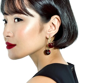 Cherry Ear Jacket Earrings · Gold Front Back · Vintage Dangle and Drop Jewelry