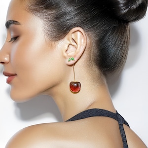 Cherry Red Fruit Earrings – Gold Dangle Jewelry Gift for Cherry Lovers