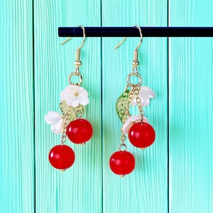 Red Cherry Earrings – Gold Cherry Jewelry, Dangle Fruit Earrings, Summer Gift for Her, Birthday, Food Jewelry