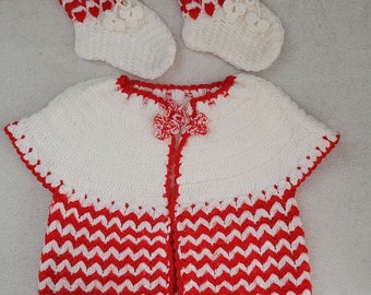 Adorable Zigzag Crochet Baby Vest with Matching Booties in Red and White