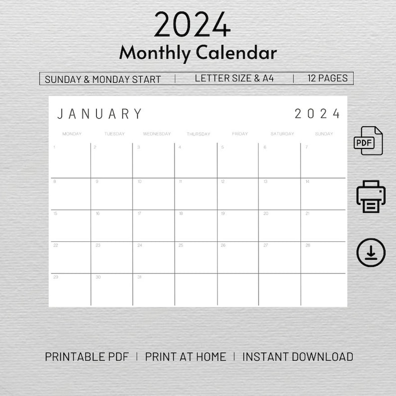 Printable Calendar 2024 Monthly Planner 2024 A4, Letter, A3 Landscape
