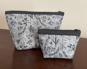 Quilted Cosmetic Makeup/ toiletry bag Black Grey Botanical