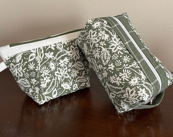 Quilted Cotton Makeup bag Sage Green Floral Canvas Cosmetic bag