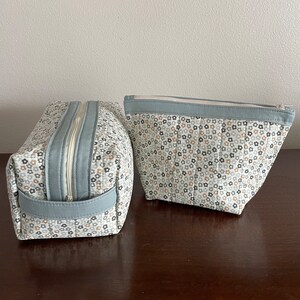 Quilted Cotton Makeup bag Soft blue/green flowers gray/blue trim Cosmetic bag