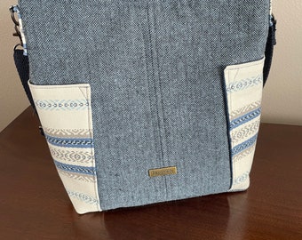 Blue Tweed Compass Bag Tote adjustable strap