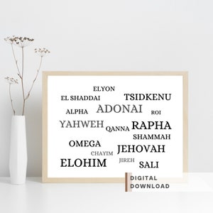 Names of God Wall Art Printable, Hebrew names of God, Names of God in the Bible, Adonai, Elyon, Jehovah, Rapah, Jireh, Roi, Elohim wall art