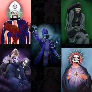 Könnte beinhalten: Eine Collage digitaler Kunst mit Figuren in aufwendigen, düsteren Kostümen. Die Charaktere haben schädelartige Gesichtsbemalung und religiöse Kleidung, mit einem wiederkehrenden Motiv von Kreuzen und einem Lamm. Die Farbpalette umfasst Schattierungen von Lila, Schwarz und Weiß.