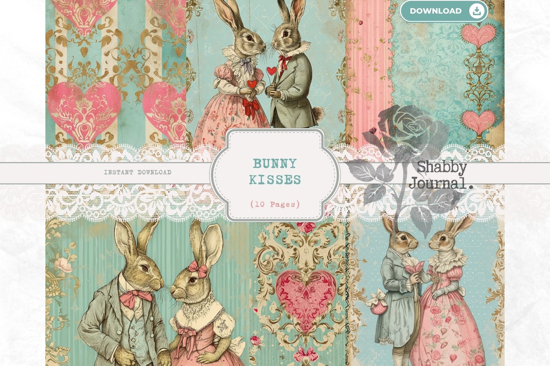 Bunny Kisses Printable Junk Journal Paper, Vintage Valentine's Day Junk ...