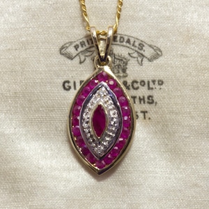 Vintage 2002 9ct Ruby & Diamond Navette/Marquise Design Pendant Necklace With 24" 60cms 9ct Gold 5-1 Figaro Chain - 3.5g