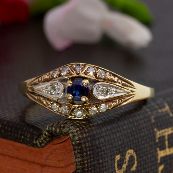 Vintage 1988 9ct Gold Art Deco Design Sapphire & Diamond Ring - UK Size L, US Size 5 1/2