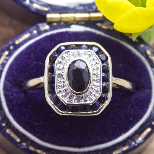 Vintage 9ct Gold Art Deco Design Panel Ring with Sapphires & Diamonds - UK Size T, US Size 9 5/8