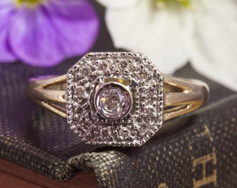 Vintage 9ct Gold & Diamond (0.25tcw) Art Deco Design Square Cluster Ring  5.0g  - UK Size S, US Size 9 1/8