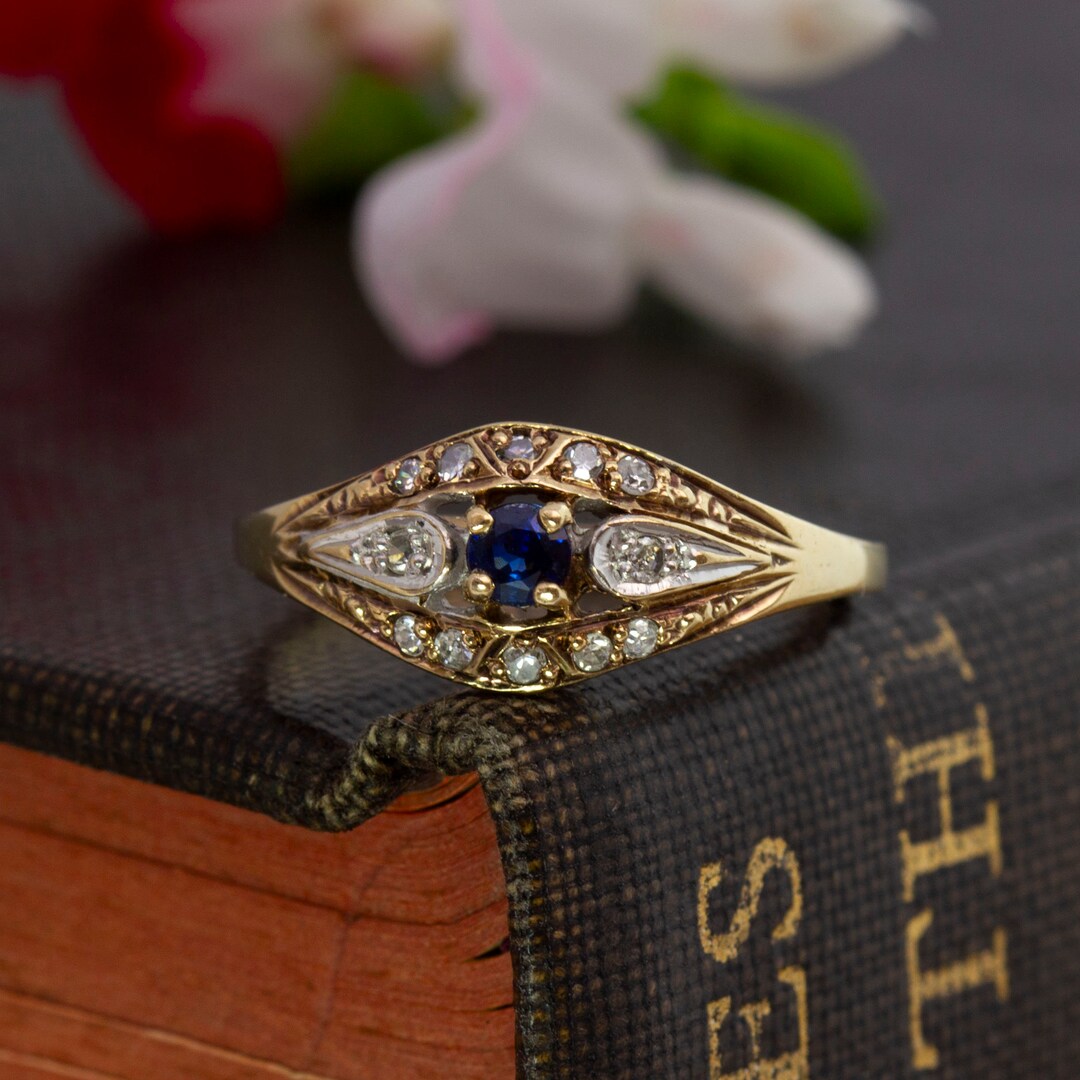 Vintage 1988 9ct Gold Art Deco Design Sapphire & Diamond Ring UK Size L ...