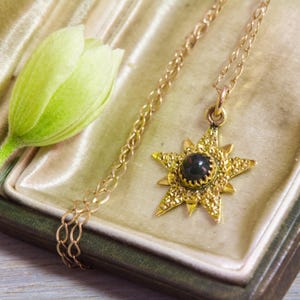 May include: A gold-colored necklace with a starburst pendant featuring a dark gemstone center. The necklace is displayed in a vintage jewelry box with a light green interior. A green flower bud is visible.