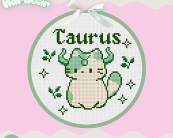 Taurus Cat Cross Stitch Pattern | Kawaii Kitten Astrology Embroidery (PDF Download)