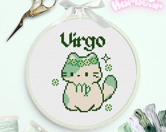 Virgo Cat Cross Stitch Pattern | Kawaii Kitten Astrology Embroidery (PDF Download)