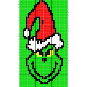 May include: Pixelated image of the Grinch wearing a Santa hat. The Grinch's face is green with a black outline, a wide smile, and yellow eyes. The Santa hat is red with a white brim and pom-pom. The background is a green grid.