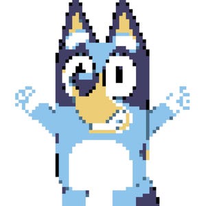 May include: Pixelated illustration of a blue dog with a light blue body, dark blue ears, and a yellow snout. The dog is in a standing position with its arms raised. The image has a white background.