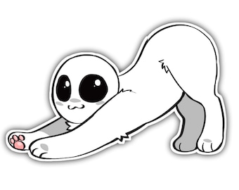 May include: A white cartoon animal with large eyes and pink paws stretches out its front legs. The animal is drawn in a simple, cartoon style.