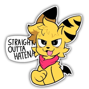 May include: A yellow cartoon character sticker with black accents, a pink scarf, and a mischievous expression. The sticker has the text "STRAIGHT OUTTA HATENA" in a speech bubble. The character has a tongue sticking out.