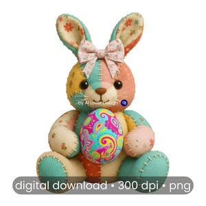 May include: A patchwork Easter bunny soft toy holding a patterned egg. The bunny has a pink bow and is made of pastel-coloured fabric. The egg features a paisley design. Text: digital download • 300 dpi • png.