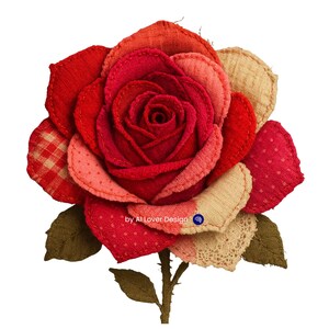 May include: A handcrafted fabric rose in shades of red, pink, and beige. The flower features detailed stitching and various fabric patterns, including polka dots and plaid. Green leaves and a stem complete the floral design.