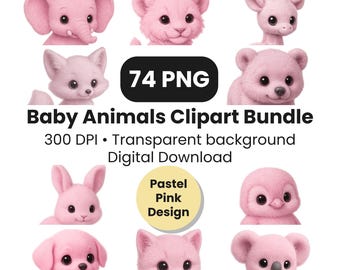 Baby Animals Clipart Bundle – 74 Pastel Pink PNG Graphics (Digital Download)