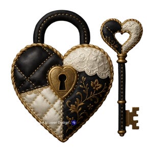 Pode incluir: Um conjunto de cadeado e chave em forma de coração. O cadeado é preto e branco com detalhes dourados e uma fechadura. A chave é preta e dourada, com uma cabeça em forma de coração. O cadeado e a chave são decorados com acabamentos dourados e desenhos florais.