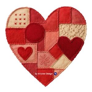 Może przedstawiać: Kształt serca z patchworku w odcieniach czerwieni, różu i beżu. Projekt zawiera różne faktury, w tym szytą tkaninę, dzianinowe serce i sekcję szydełkową. Projekt zawiera tekst "by AI Lover Design".